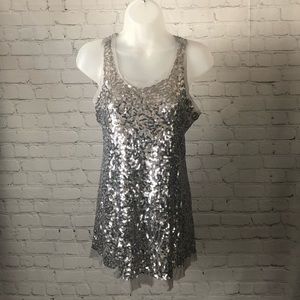 Women's Bloom Silver Sequined Racerback Tank Top with Mesh Edging. Size Small